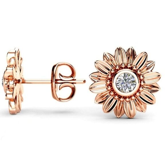 18K ROSE GOLD DIAMOND SUNFLOWER STUD EARRINGS - Picture 2 of 4